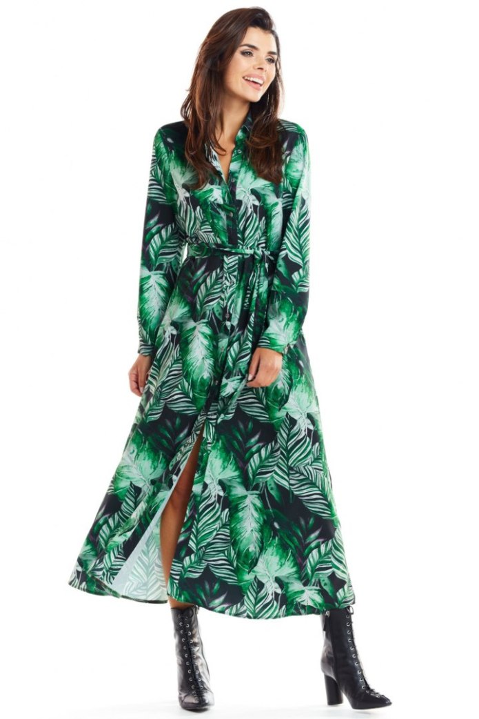 Sukienka Koszulowa Maxi Z Nadrukiem I Długim Rękawem - zielona